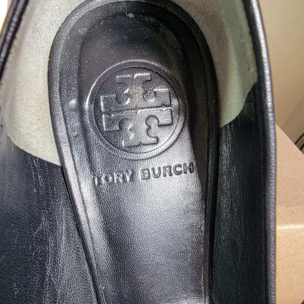 Tory Burch Womens Black Leather Ballet Flats Shoes 5.5 Slip On Gold Logo Travel